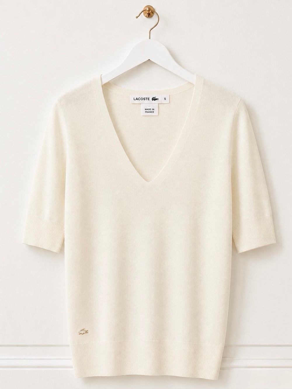 Lacoste Womens Small Made in France Ivory Cashmere Blend Sparkle V Neck Sweater